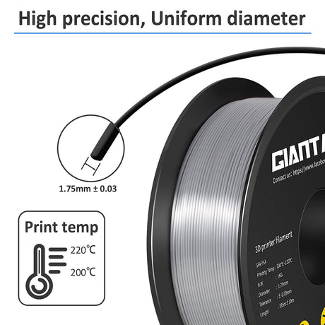 GIANTARM Silk Metallic Silver PLA 3D Printer Filament 1kg Spool, 1.75mm Dimensional Accuracy +/-0.03mm, 1080 Feet per Roll, Vacuum Packaging GIANTARM