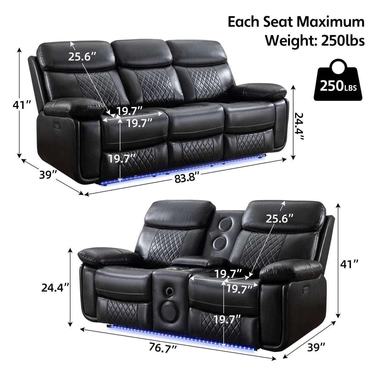Power Recliner Sofa Set of 2 Piece with Bass Speakers for Living Room,Faux Leather Electric Zero Gravity 3 Seater Reclining Couch with Wireless Charger and Loveseat Theater Chair with LED Lights,Black Comfort Stretch
