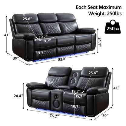 Power Recliner Sofa Set with Bass Speakers for Living Room, Leather 3 Seater Reclining Sofa and Loveseat Seating Couch With Wireless Charger, LED Lights, Home Theater Love seat Sets With Console,Black