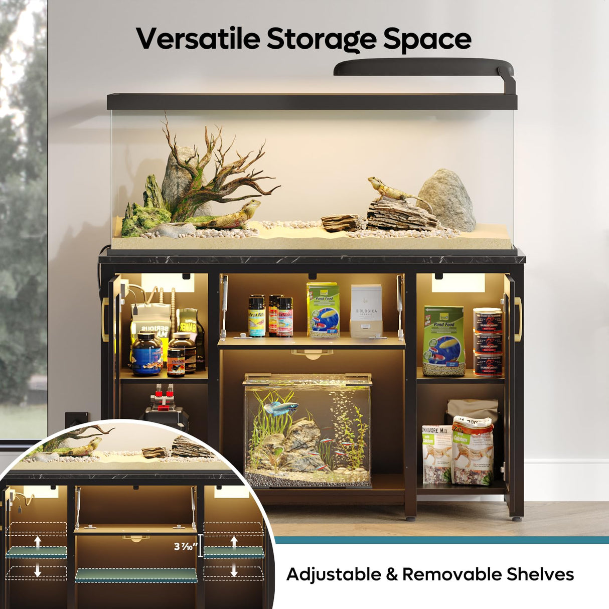 Bestier 55 Gallon Fish Tank Stand with Power Outlet & LED Light, 49.2"x13.8" Heavy-Duty Aquarium Stand with Storage, Dual Glass Cabinet, 8 Thicken Metal Legs, Suit for Reptile/Turtle Terrarium(Black) Bestier