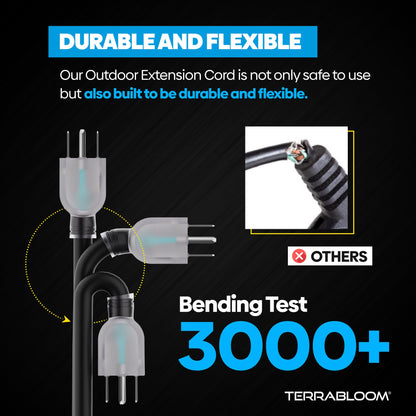 TerraBloom 14/3 Heavy Duty Extension Cord 100 FT Outdoor - Black Outdoor Extension Cord Multiple Outlet - Ultra-Flexible SJEOW Rubber, Light Indicator, Triple Outlet for Maximum Efficiency -  - WoodArtSupply