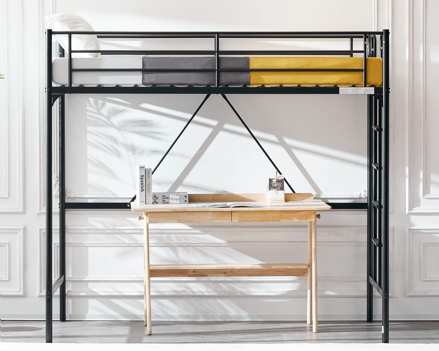 VINGLI Twin Loft Bed with Stairs - Sturdy Metal Bunk Bed with Safety Guard Rails in Black - WoodArtSupply