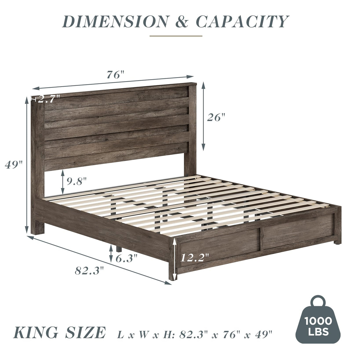 Albott Rustic Grey King Size Wood Platform Bed Frame with Slatted Headboard and No Box Spring Needed Albott
