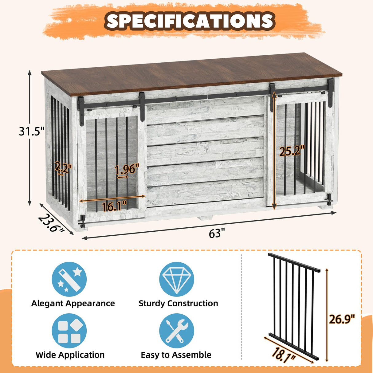 EBE Dog Crate Furniture, 63''Wooden Dog Kennel with Removable Divider and Sliding Door, Dog Crate with Double Rooms, Heavy Duty Dog Crate Table Indoor TV Stand for Small Medium Large Dogs EBE