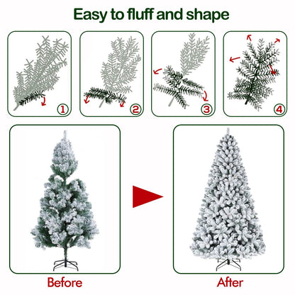 Hykolity 9 ft Snow Flocked Christmas Tree, Artificial Christmas Tree with 2100 Tips, 600 Warm White Lights, Metal Stand and Hinged Branches