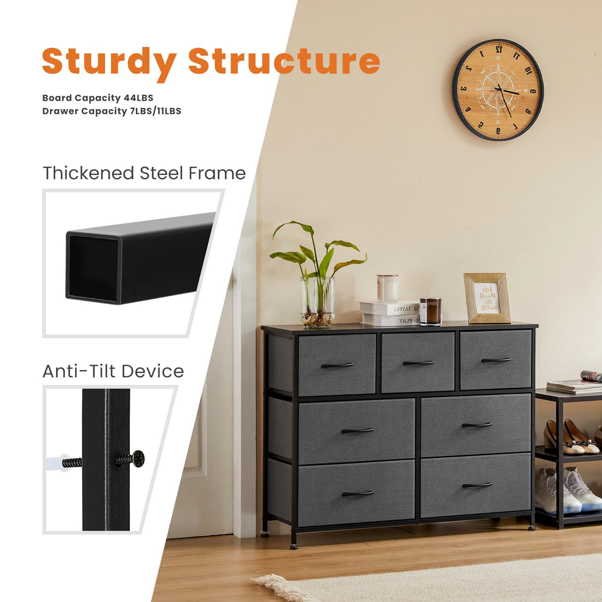 Sweetcrispy 7 Drawer Dresser Storage Organizer with Fabric Bins, Sturdy Steel Frame and Wood Top, Easy Pull Handles, for Bedroom Closet Hallway Entryway,Grey Sweetcrispy