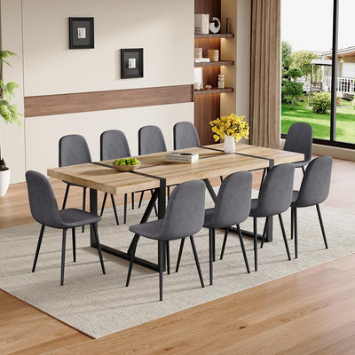 86.6" Dining Table Set for 10, Modern 11 Piece Wood Kitchen Table and Chairs Set, Large Rectangle Dining Table with 10 Linen Fabric Upholstered Chairs, Perfect for Family Gatherings and Dining Room