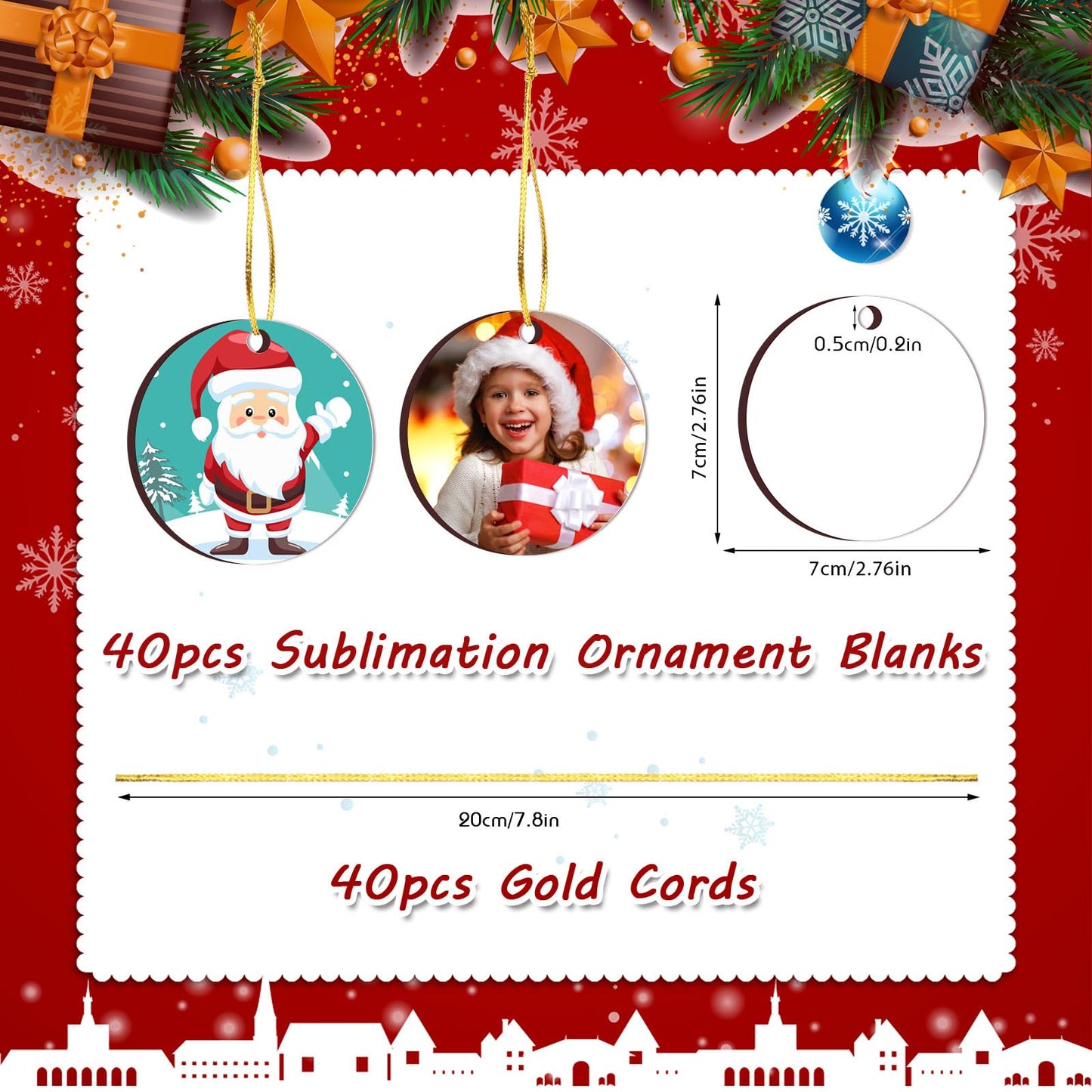 ZYNERY 40 Pcs Sublimation Ornament Blanks, Christmas Ornament Blanks, Double Side Sublimation Blanks Products with Gold String, MDF Round Acrylic Blanks Ornaments for Crafts, Christmas Gift, 2.76 in