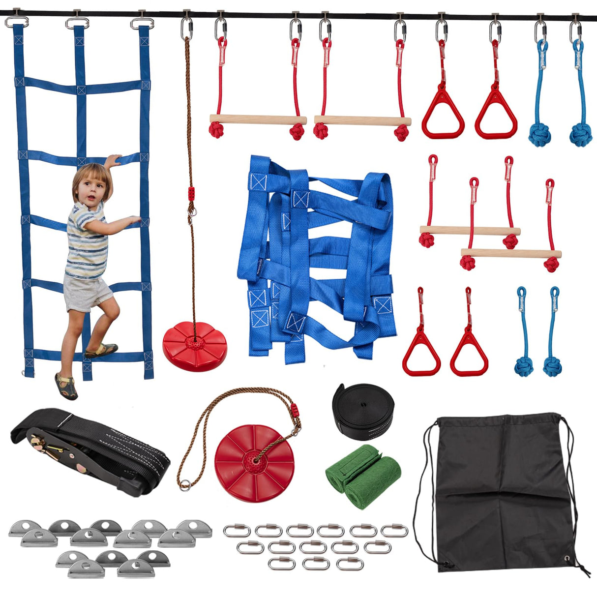 Slsy Ninja Warrior Obstacle Course for Kids, 50FT Durable Ninja Slackline Kit with 8 Complete Accessories, Playset Equipment with Swing, Climbing Net, Ladder & Monkey Bars (8 Obstacles) Slsy