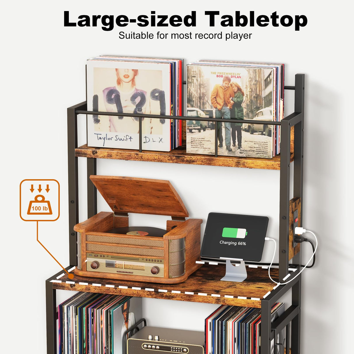 EasyCom Record Player Stand with Vinyl Storage, Turntable Stand Holds Up to 300 Albums, Large Record Player Table with Charge Station, Vinyl Record Stand for Living Room Bedroom EasyCom