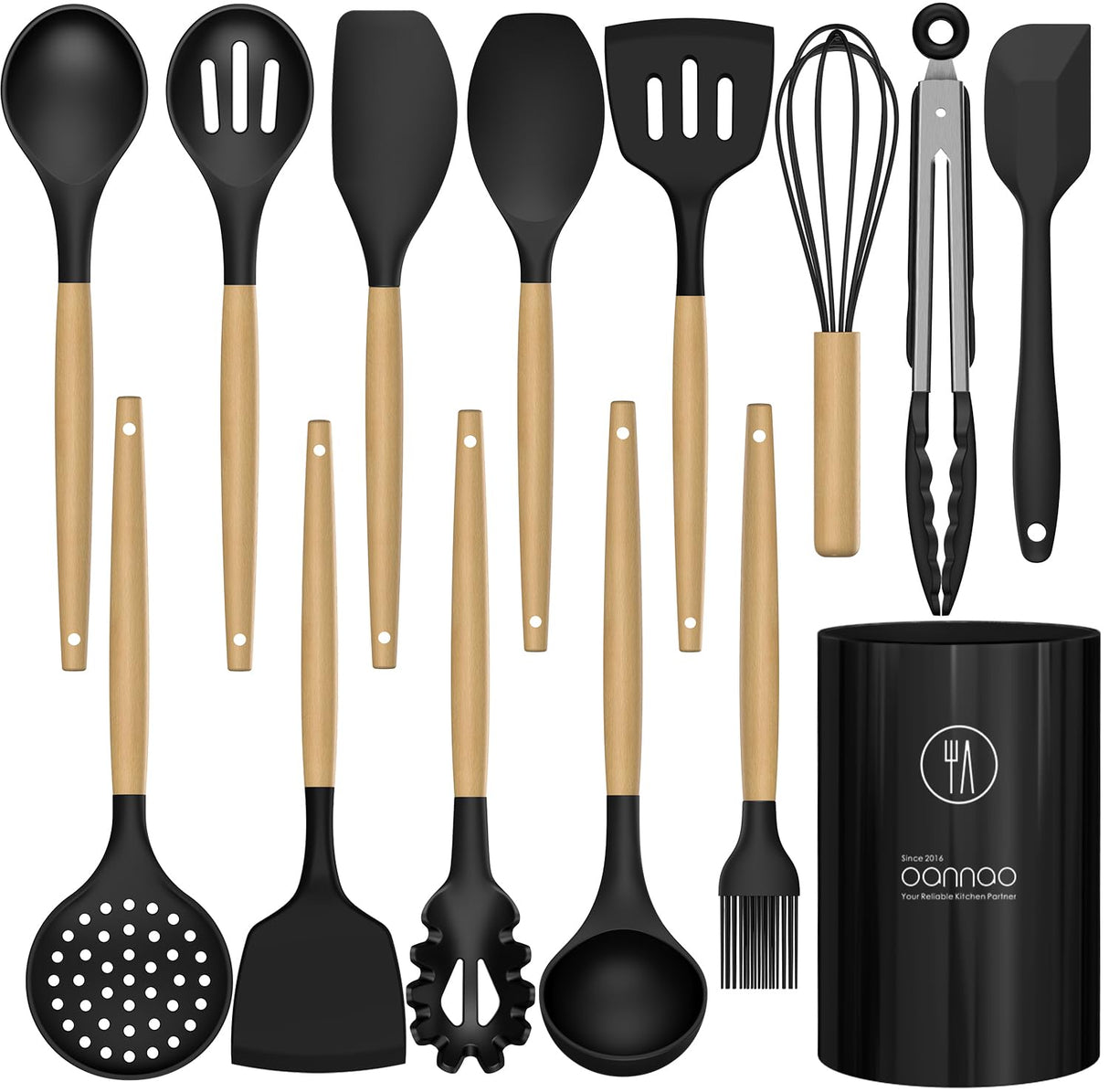 Silicone Cooking Utensils Set Utensil Sets - 446°F Heat Resistant Silicone Kitchen Utensils Set Wooden Handles, Silicone Utensils for Cooking w Holder for Non-Stick Cookware BPA FREE (Black) oannao