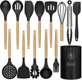 Silicone Cooking Utensils Set Utensil Sets - 446°F Heat Resistant Silicone Kitchen Utensils Set Wooden Handles, Silicone Utensils for Cooking w Holder for Non-Stick Cookware BPA FREE (Black) oannao