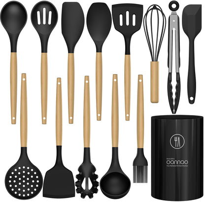 Silicone Cooking Utensils Set Utensil Sets - 446°F Heat Resistant Silicone Kitchen Utensils Set Wooden Handles, Silicone Utensils for Cooking w Holder for Non-Stick Cookware BPA FREE (Black)