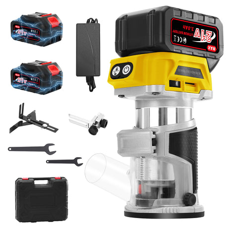 Aslsouti Cordless Compact Router, 21V Wood Router Tool With 2 * 3.0Ah Batteries, 6 Variable Speeds Power Palm Routers Brushless for Woodworking, Fixed Base with Edge & Roller Guide, Dust Hood Aslsouti