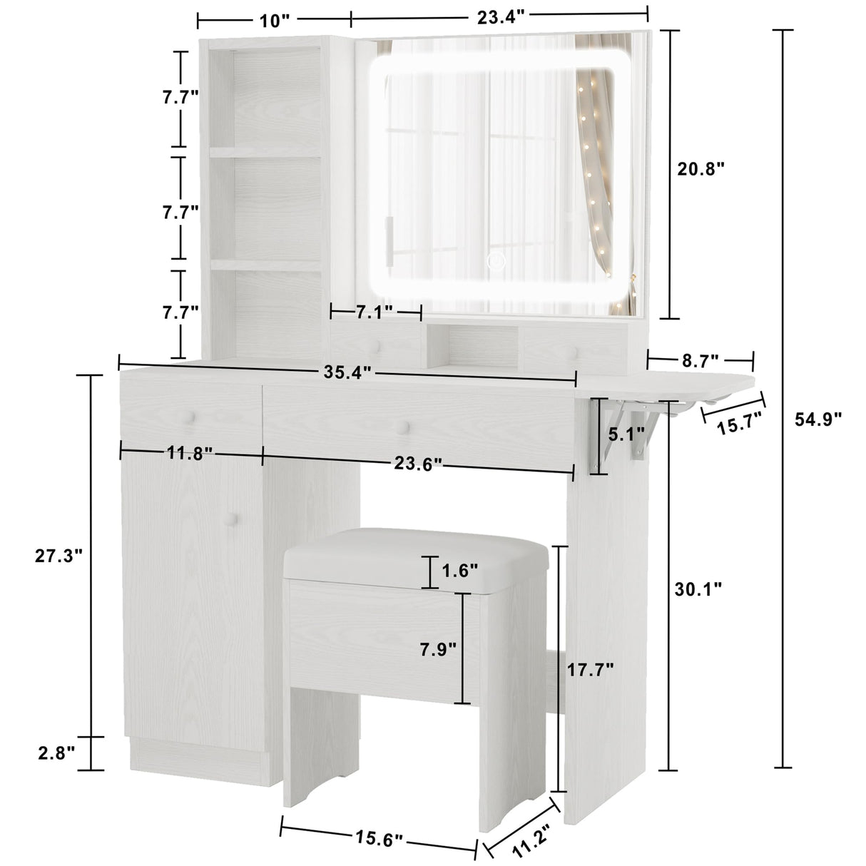 LIKIMIO Vanity Desk with Drawers & LED Lighted Mirror & Power Outlet & Cabinet, Storage Stool, Stylish Bedroom Makeup Table Set, White LIKIMIO