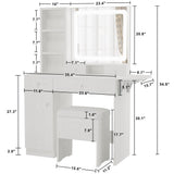 LIKIMIO Vanity Desk with Drawers & LED Lighted Mirror & Power Outlet & Cabinet, Storage Stool, Stylish Bedroom Makeup Table Set, White LIKIMIO