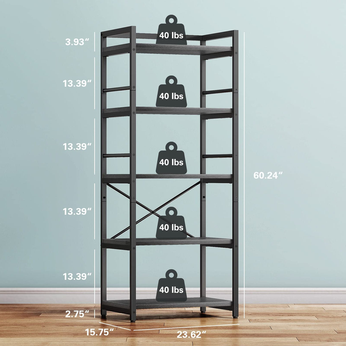 Denkee 5-Tier Bakers Rack for Kitchen with Storage, Industrial Microwave Stand Shelf, Coffee Bar for Small Spaces, Free Standing Kitchen Storage Shelf Rack, 23.62" L x 15.75" W x 60.24" H, Black Denkee