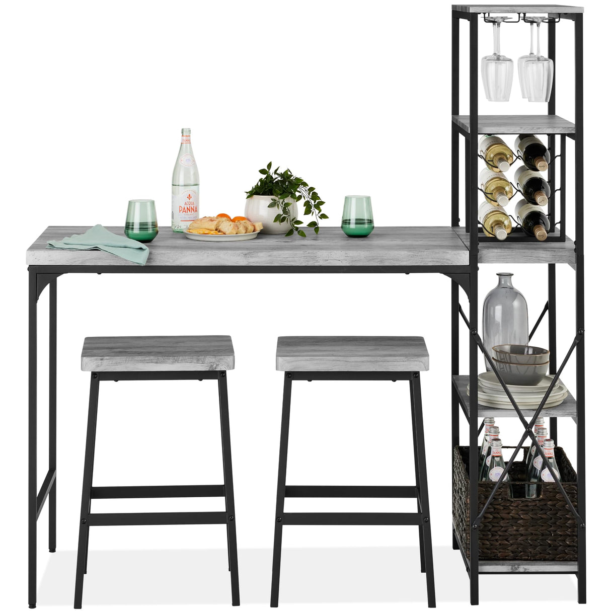 Best Choice Products 3-Piece Counter Height Dining Set, Desk, Bar, Kitchen Island Table w/ 2 Stools, Wine Rack & Storage Shelves - Gray Best Choice Products