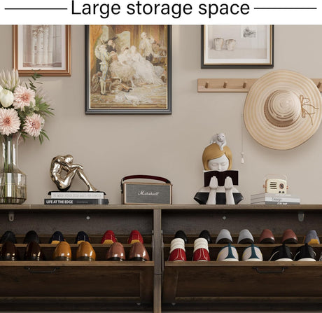 LOUVIXA Shoe Cabinet with 4 Flip Drawers, Narrow Shoe Storage Cabinet, Freestanding Shoe Cabinet Organizer, Hidden Shoe Rack Cabinet for Entryway, Hallway (4-Drawers, Brown/4-drawers) LOUVIXA