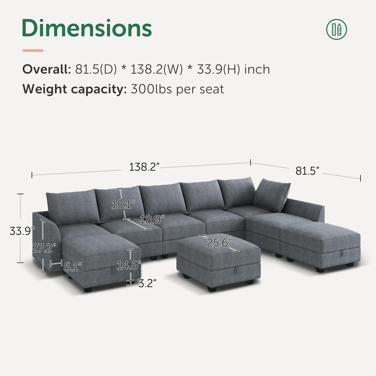 HONBAY Modular Sectional Sofa with Storage Reversible Sectional Modular Sofa Couch with Ottomans U Shaped Sectional Couch for Living Room, Bluish Grey HONBAY