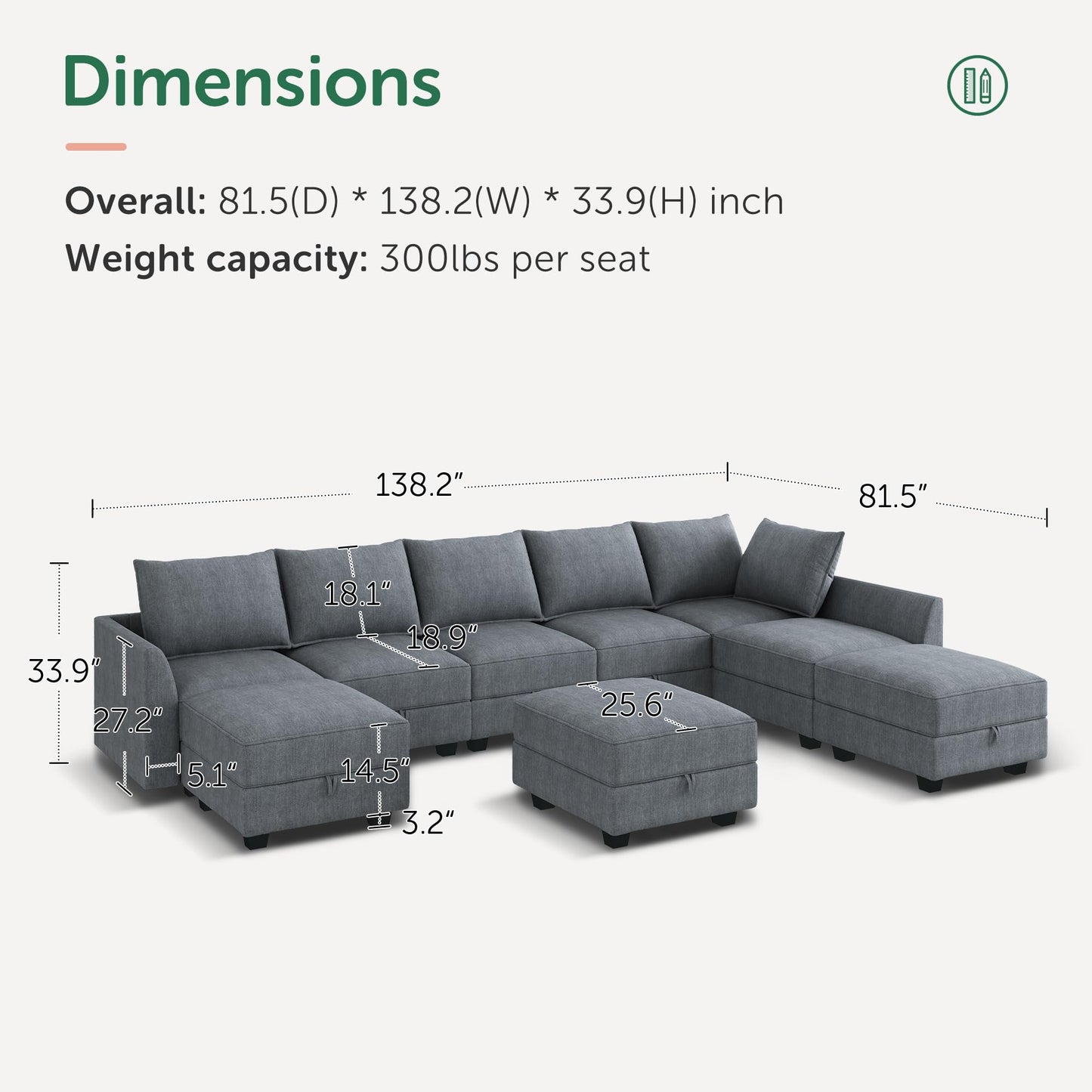 HONBAY Modular Sectional Sofa with Storage Reversible Sectional Modular Sofa Couch with Ottomans U Shaped Sectional Couch for Living Room, Bluish Grey