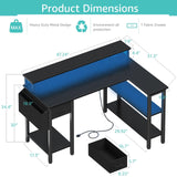 Lufeiya L Shaped Gaming Desk with Fabric Drawers and Storage Shelves, 47 inch Home Office Desk with Monitor Stand, Computer Desk with LED Lights and Power Outlets, Black Lufeiya