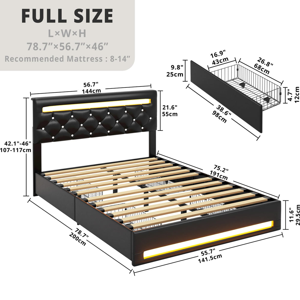 LIKIMIO Black PU Leather Full Size Bed Frame with LED Lights and 4 Storage Drawers LIKIMIO