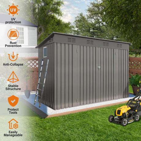 Outdoor Storage Shed, Tool House With Sloping Roof, 6 Vents And 2 Swing Doors For Backyard - Gray HouseOfZazla