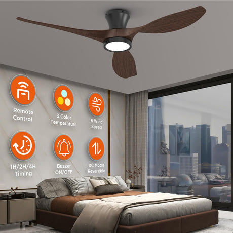 TALOYA 52 Inch Ceiling Fans with Led Lights Remote Control Flush Mount Low Profile for Bedroom Farmhouse Patio Outdoor Living Room Kitchen Dining Room,DC Motor,Reversible,Buzzer ON/OFF,Black Walnut TALOYA
