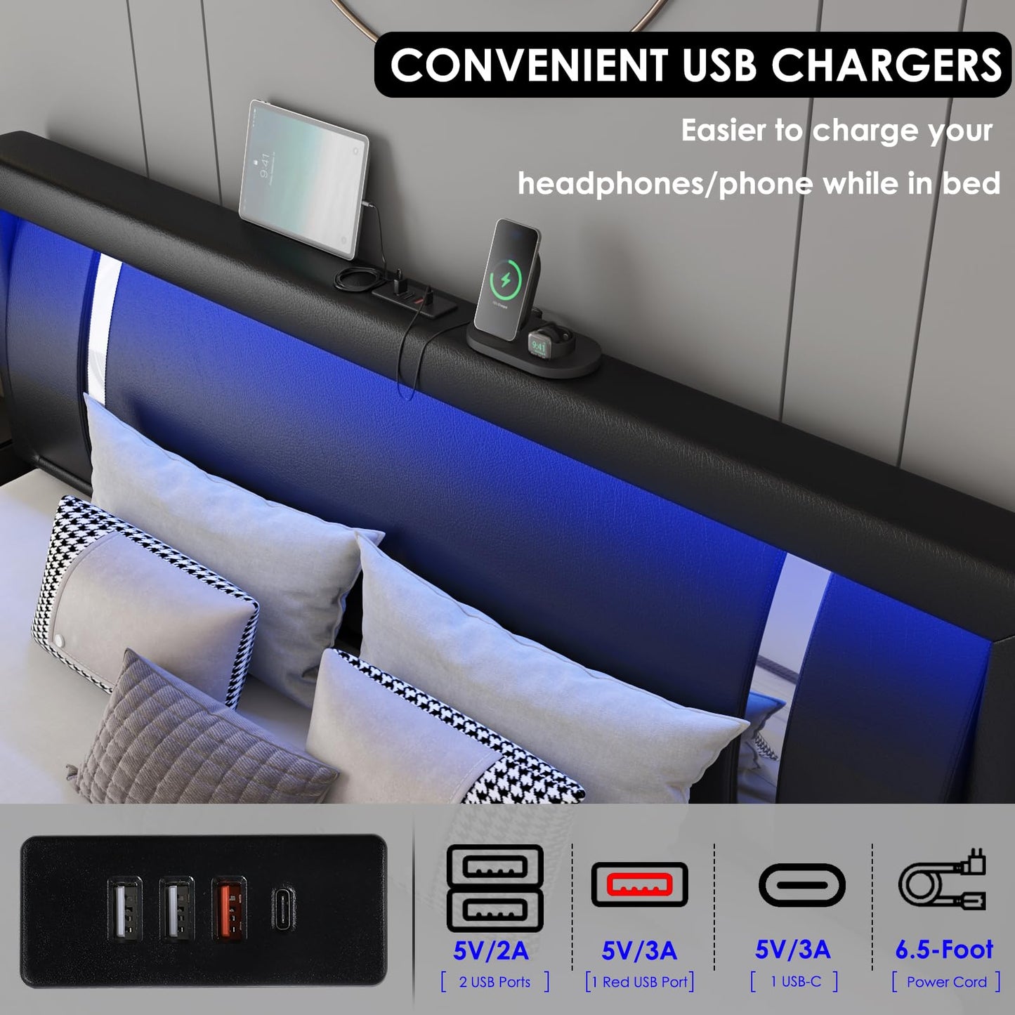 Keyluv Modern Black Queen Bed Frame with RGB LED Headboard, 2 Storage Drawers, and USB Ports - WoodArtSupply