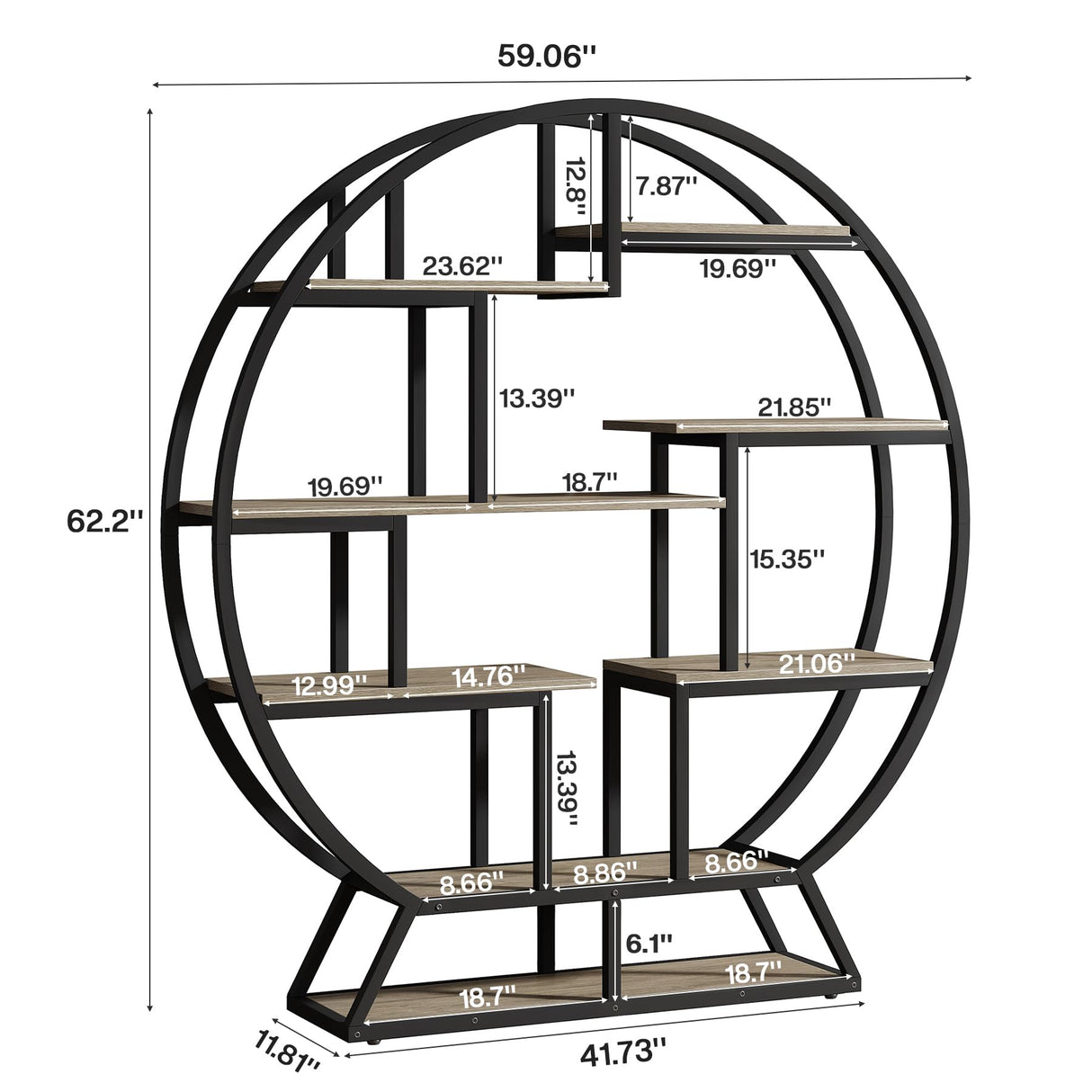 Tribesigns Bookshelf, Round Bookshelves Etagere Bookcase, 63 Inch Industrial Wood Book Shelf with Staggered Shelves, Open Shelving Organizer Rack Display Shelf for Home Office, Living Room, Grey Tribesigns