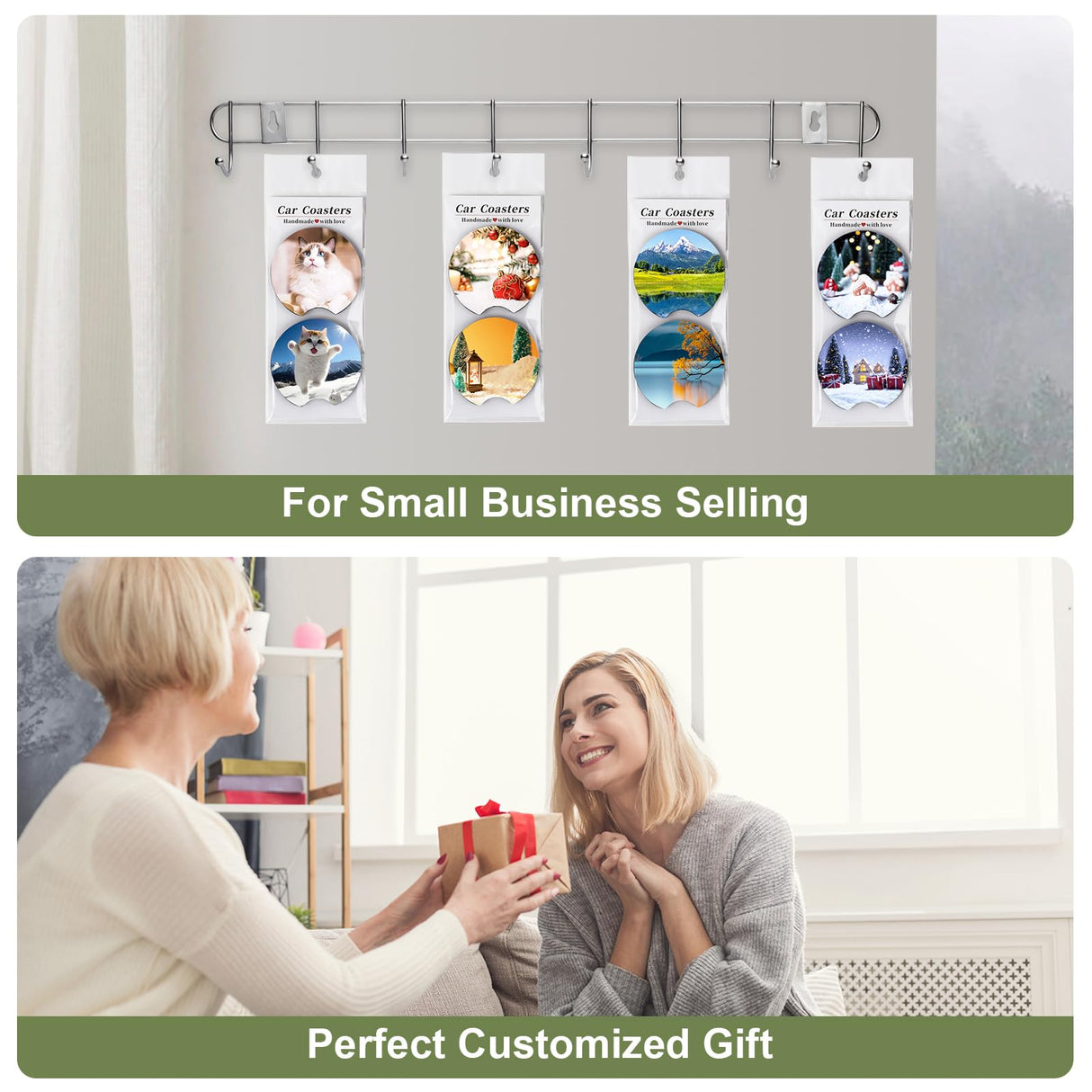 120Pcs Sublimation Blank Car Coasters Packaging for Selling,Include 60Pcs Circular 2.75 in/5mm Blank Sublimation Coasters,30Pcs Car Coasters Display Cards and 30Pcs Hanging Self-Sealing Bags Deobath