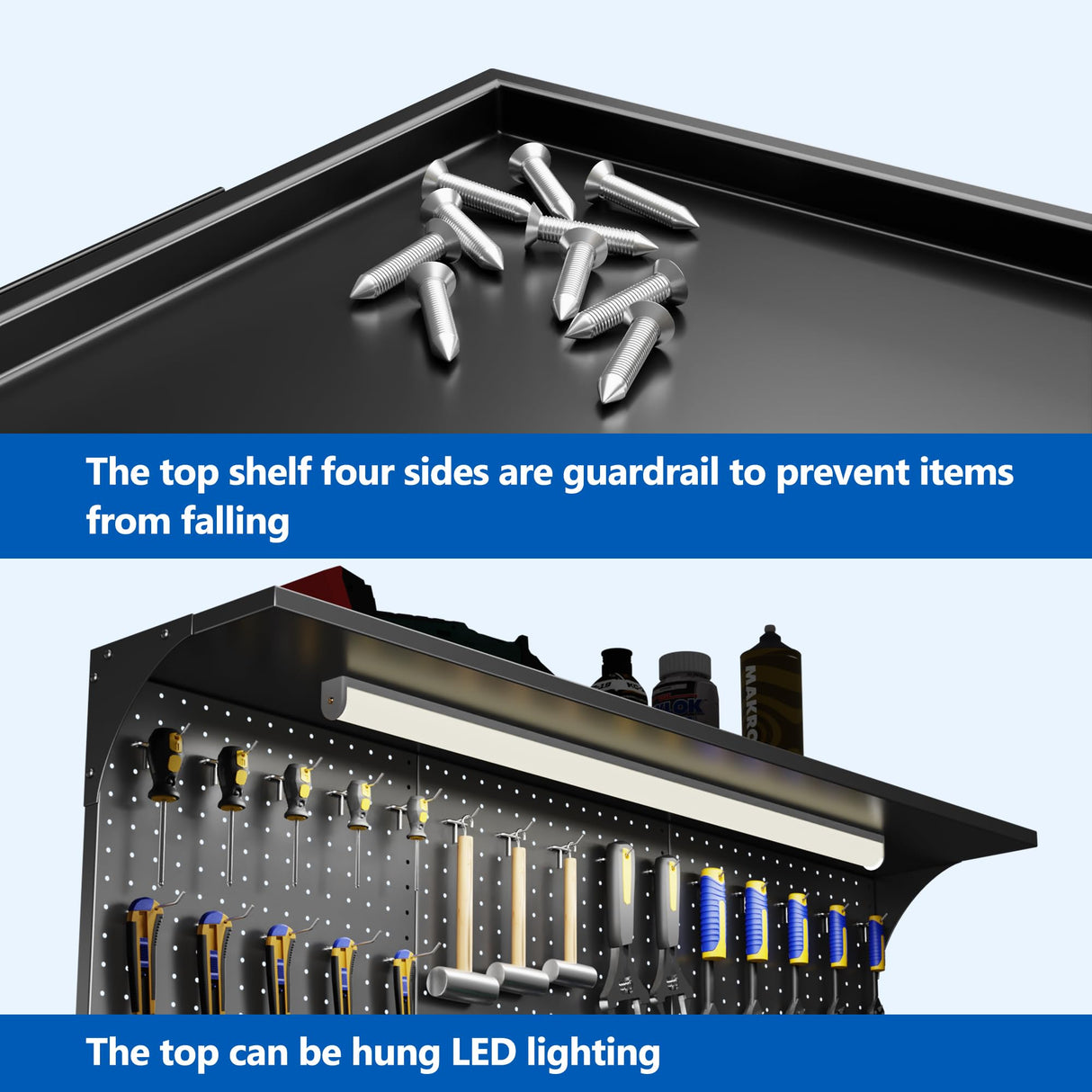 Aobabo Metal Workbench with 2 Lockable Drawer, Steel Tube Legs Workbench on Wheels, 3 Levels Workbench with Pegboard &35 Hooks for Garage Warehouse Utility Room, Black Tool Bench, Assembly Required Aobabo