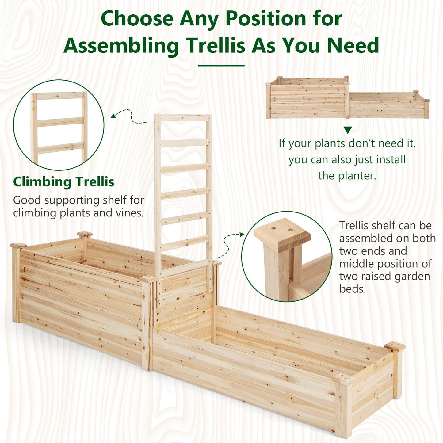 Giantex Raised Garden Bed with Trellis, Set of 2 Wood Shallow & Deep Planter Box for Climbing Plants Cucumber Vegetables Flowers Herbs Fruits, Easy Assembly, Outdoor Rectangular Floor Gardening Beds