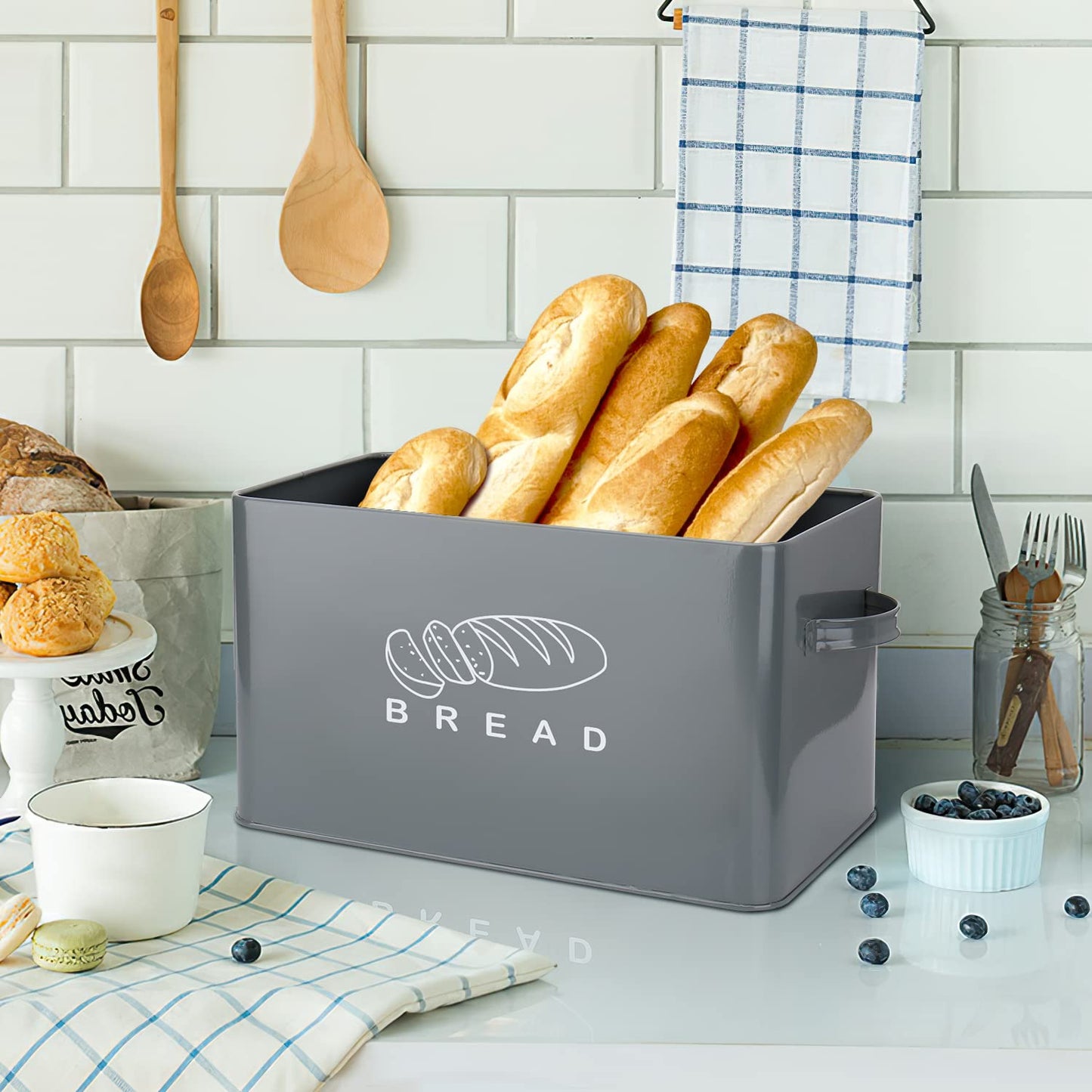 Bread Box, Bread Box for Kitchen Countertop, GA Homefavor Bread Bin, Bread Holder with Bamboo Lid, 11.56"6.7"5.5", Grey - WoodArtSupply