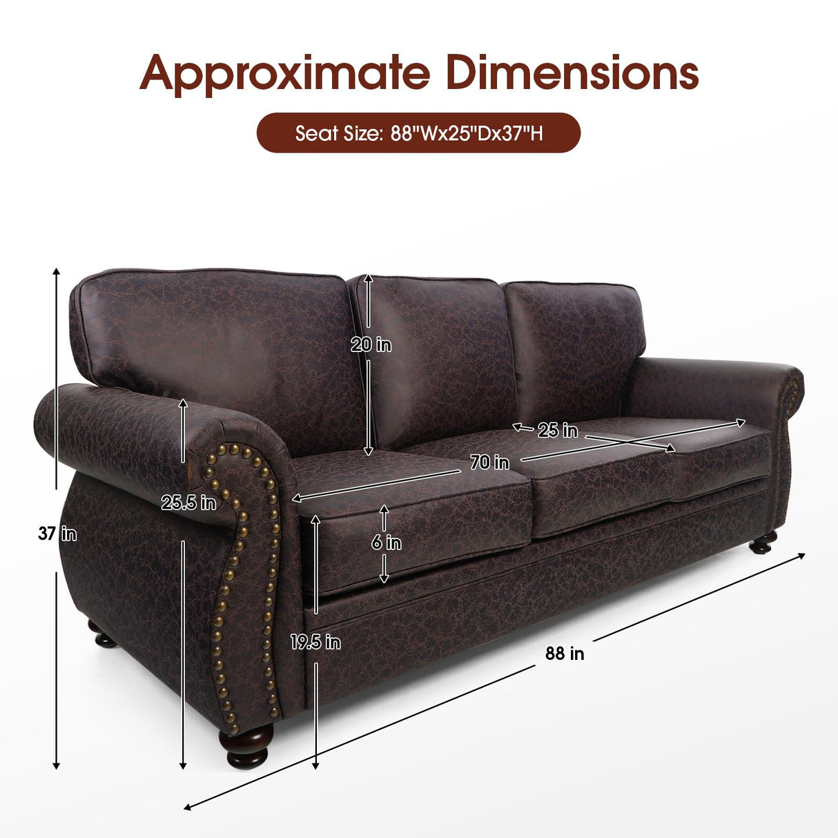 Couchus Mid-Century Vintage Sofa Couches with Rivet Design,loveseat Sofa,Removable Sofa Cover Upholstered Cushions and Solid Wood Frame (Brown, 3-Seater) Couchus