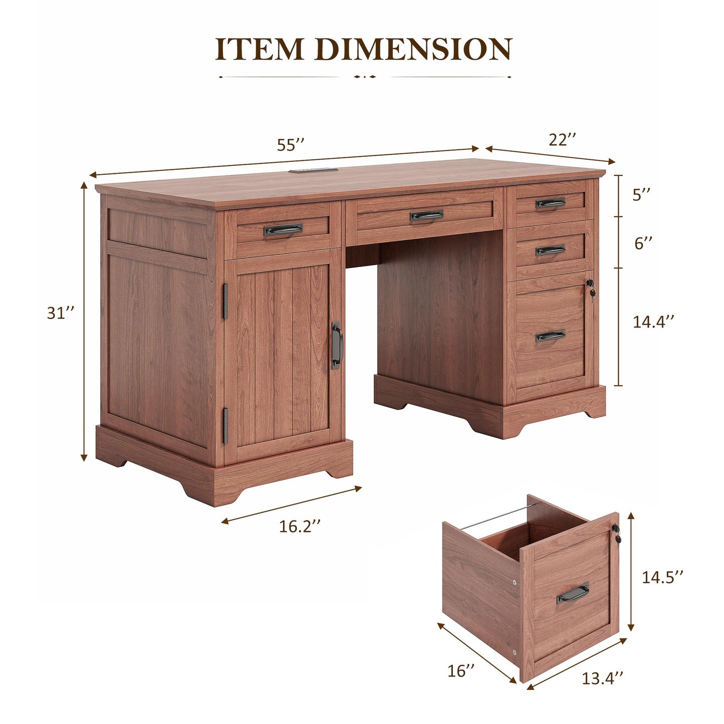 Whalefall 55'' Farmhouse Desk Home Office with Drawers, Executive Computer Desk Wooden with File Cabinet and Charging Station, Cerry Brown