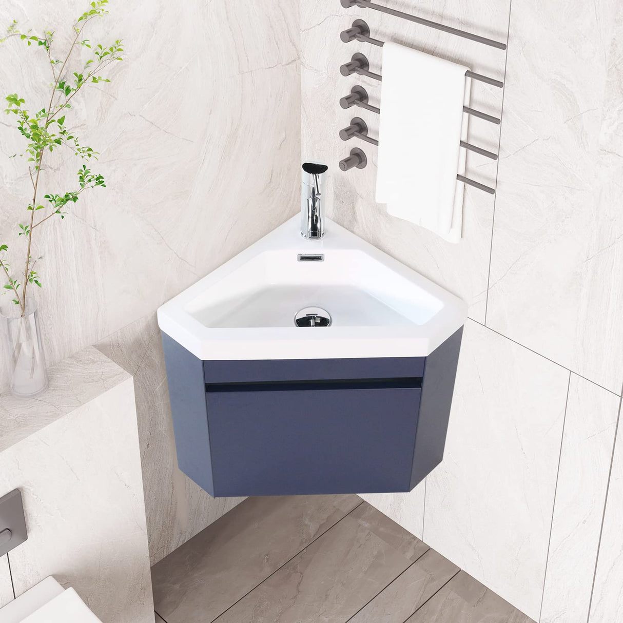 walsport 16" Corner Bathroom Vanity Floating Single Sink Combo for Small Space Wall Mounted Cabinet Set Design Resin Basin Sink Top Chrome Faucet and Drain,Blue walsport