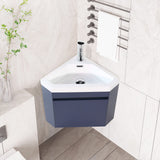 walsport 16" Corner Bathroom Vanity Floating Single Sink Combo for Small Space Wall Mounted Cabinet Set Design Resin Basin Sink Top Chrome Faucet and Drain,Blue walsport