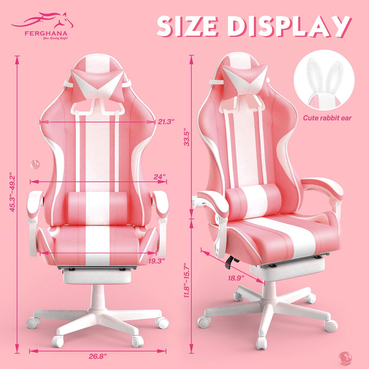 Ferghana Kawaii Pink Gaming Chair with Bunny Ears, Ergonomic Cute Gamer Chair with Footrest and Massage, Racing Reclining Leather Office Computer Game Chair 250lbs for Girls Adults Teens Kids Ferghana