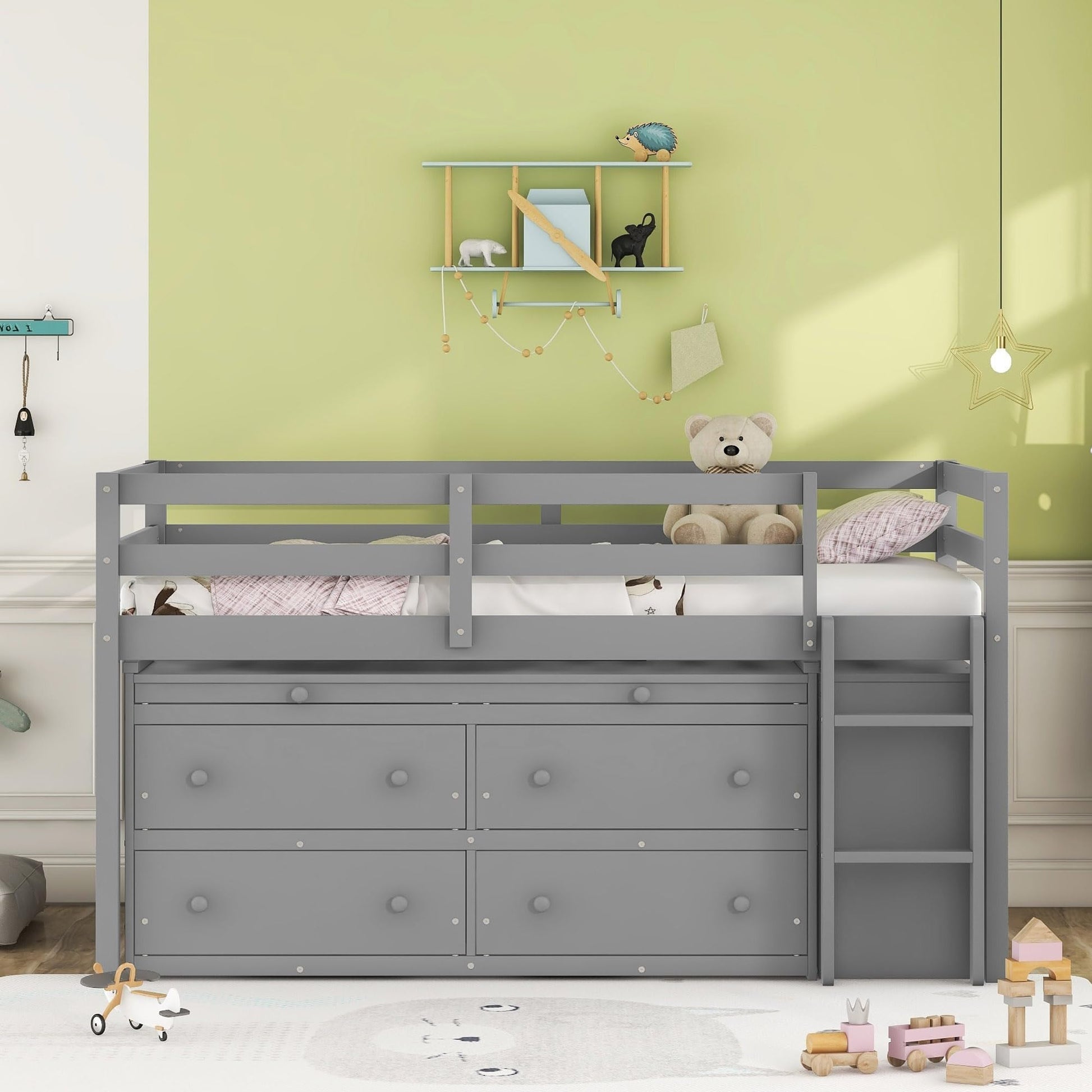 Kids Twin Low Loft Bed with Portable Desk and Storage Drawers in Gray by Harper & Bright Designs - WoodArtSupply