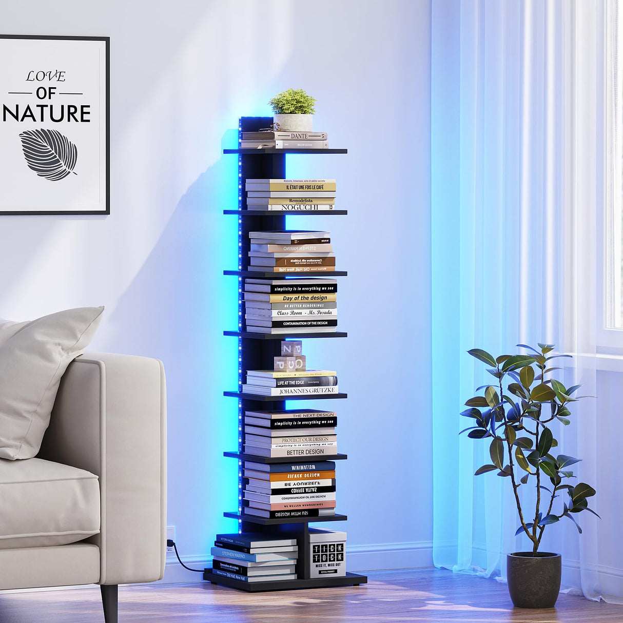 TUTOTAK Narrow Bookshelf, 8-Tier Bookcase with LED Lights, Spine Book Shelf for Small Space, Corner Standing Shelf for Living Room, Office, Study, Entryway, Black BS06BK008L TUTOTAK