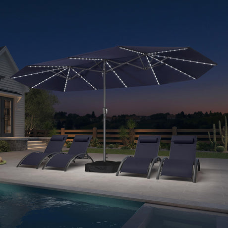 PURPLE LEAF 15ft Double-Side Patio Umbrella with Base and Solar Lights Outdoor Market Umbrella with Crank Handle Rectangle Umbrella for Backyard Pool Garden Deck, Navy blue PURPLE LEAF