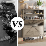 Halitaa Shoe Cabinet with 2 Flip Drawers,Shoe Storage Cabinet for Entryway,Freestanding Shoe Cabinet Organizer with Open Storage,Narrow Farmhouse Shoe Rack with Legs,Grey Halitaa