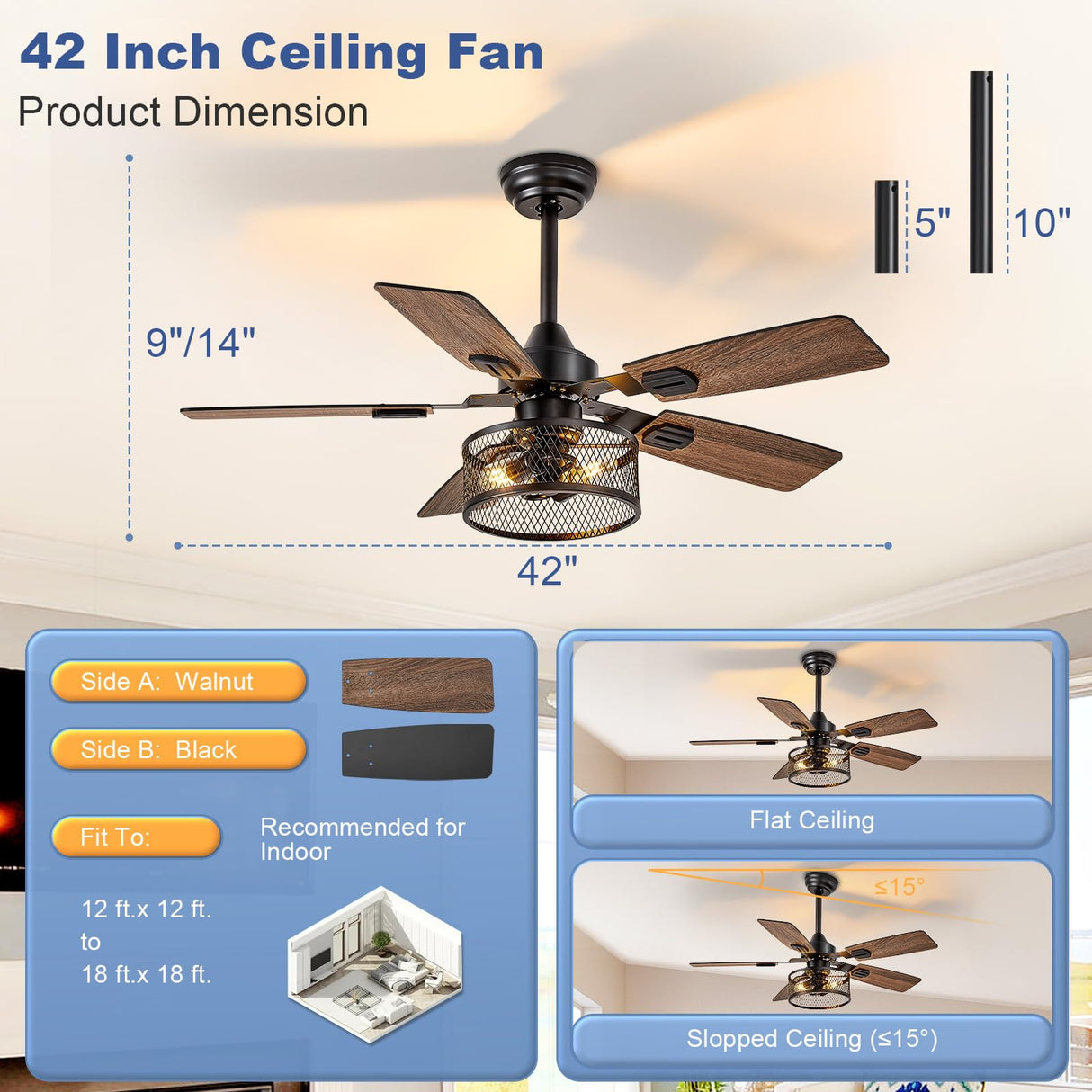 Depuley 42-Inch Ceiling Fans with Lights: Caged Ceiling Fans Dual Finish 5 Blades - Rustic Ceiling Fan with Remote Control for Industrial Living Room Outdoor Patio (E26 Bulb Included) Depuley