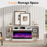 AMERLIFE 75in 3-Sided Glass Fireplace TV Stand for TVs up to 85", Rustic Media Entertainment Center Console Table with Glass Door Closed Storage, Distressed White AMERLIFE