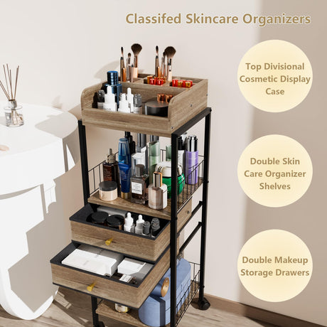 Makeup Organizer Cart Shelf Floor Skincare Organizers Make Up and Station Storage Cabinet For Vanity Standing Cosmetics With Drawers and Wheels For Nail Polish Perfume Hair Tool Beauty(Grey Oak) lurcns