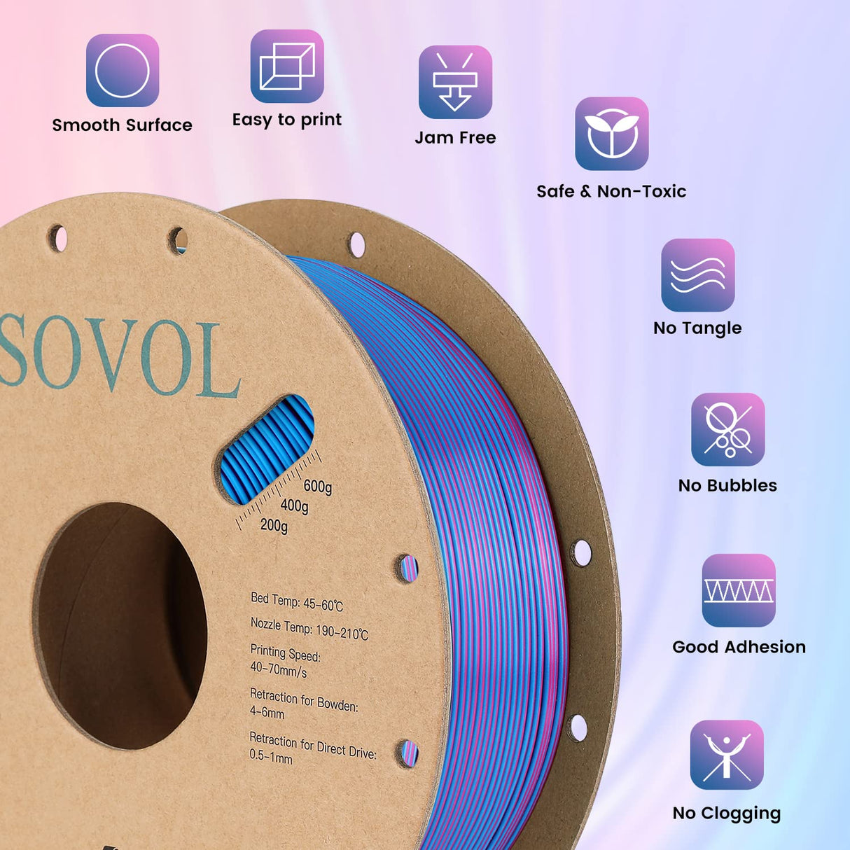 Sovol Dual Color PLA Filament 1.75mm, Silk PLA 3D Printing Material, Dual Color Filament Rose Blue 2 in 1 Coextrusion PLA Filament +/-0.02mm, 1kg/2.2lbs Sovol