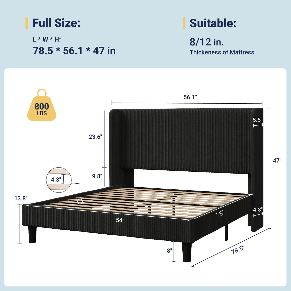 Allewie Full Size Bed Frame with Upholstered Wingback Headboard, Vertical Channel Tufted Corduroy Velvet Platform Bed, Strong Wooden Slats Support, No Box Spring Needed, Easy Assembly, Sturdy, Black Allewie
