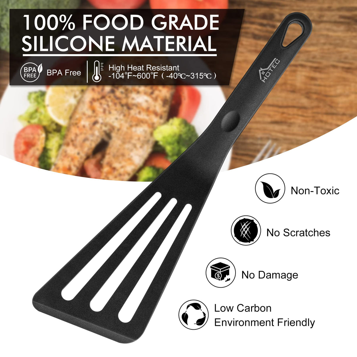 HOTEC Heat Resistant Silicone Slotted Fish Turner Spatula Set, Flipper Cooking Spatulas, for Non Stick Cookware Dishwasher Safe, Black HOTEC